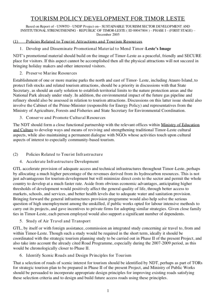 Tourism Policy Development For Timor Leste
